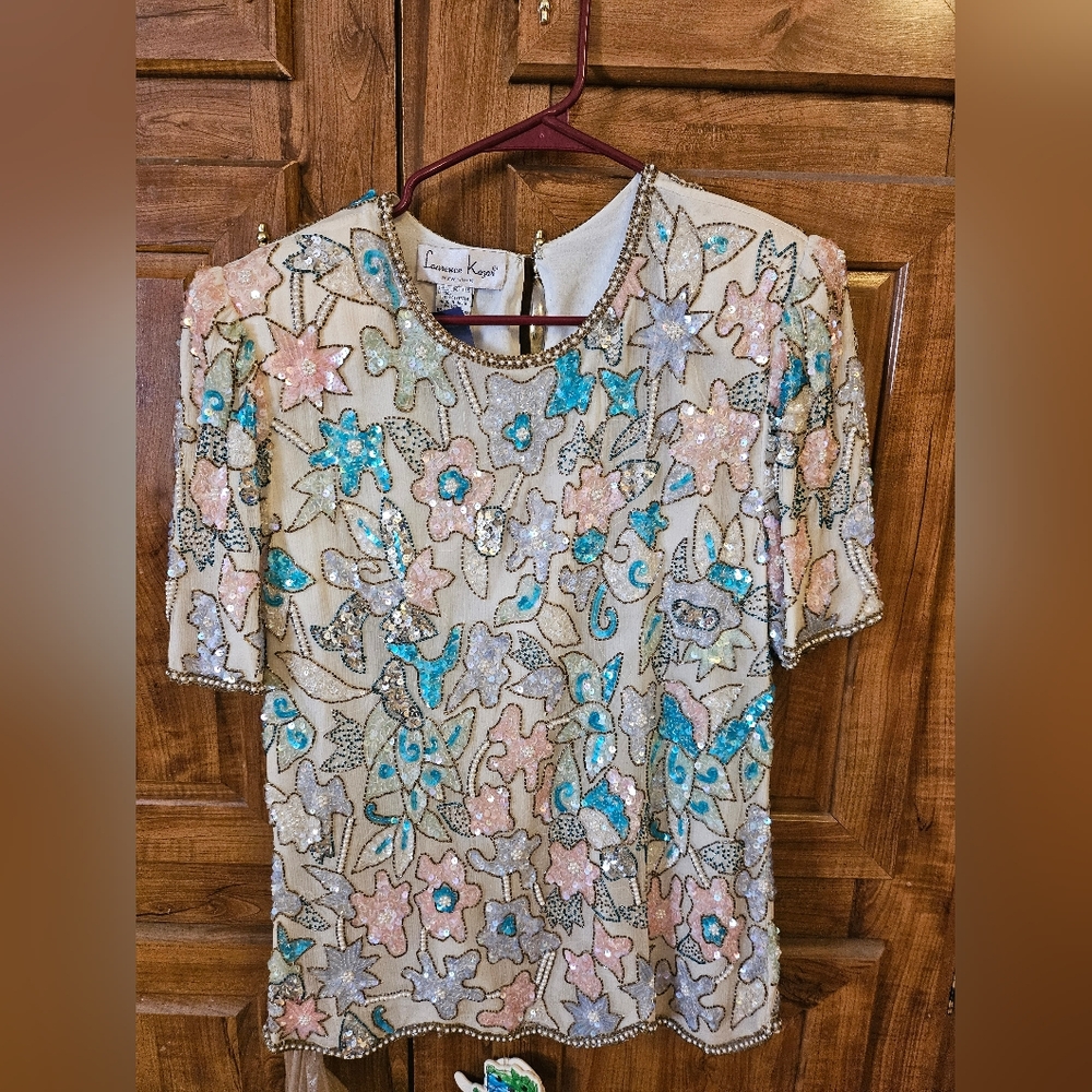 Vintage Laurence Kazar Size Lg Sequined Cocktail Blouse Flowered‎ Short Sleeve
